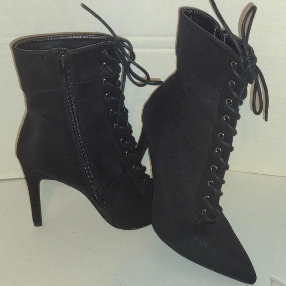 Fashion Nova Black Sateen Fabric Stiletto Heel Pointed Lace Up Ankle Boots 7med